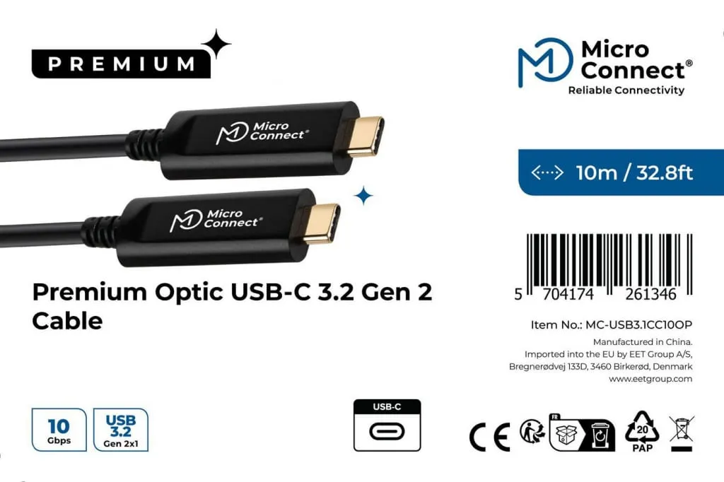 MicroConnect Premium USB-C 3.2 Gen 2 kabel 10m glasvezel