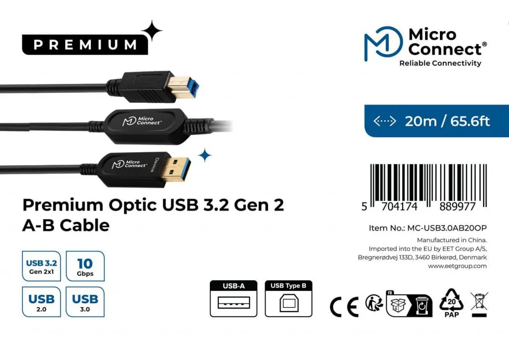 Microconnect Premium USB 3.2 kabel A-B 20m fiber 10Gbit