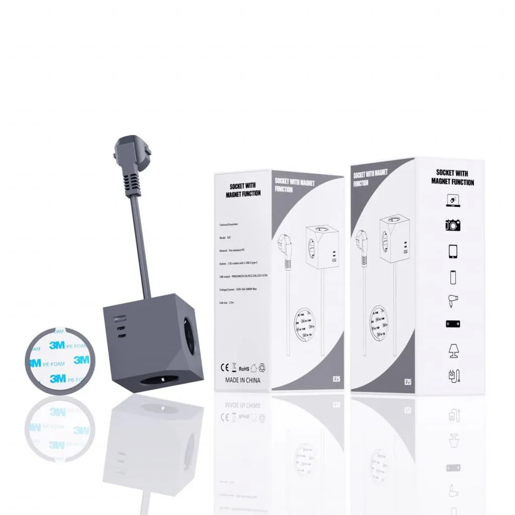Microconnect Power Cube stekkerdoos 3-voudig + USB 1,5m grijs