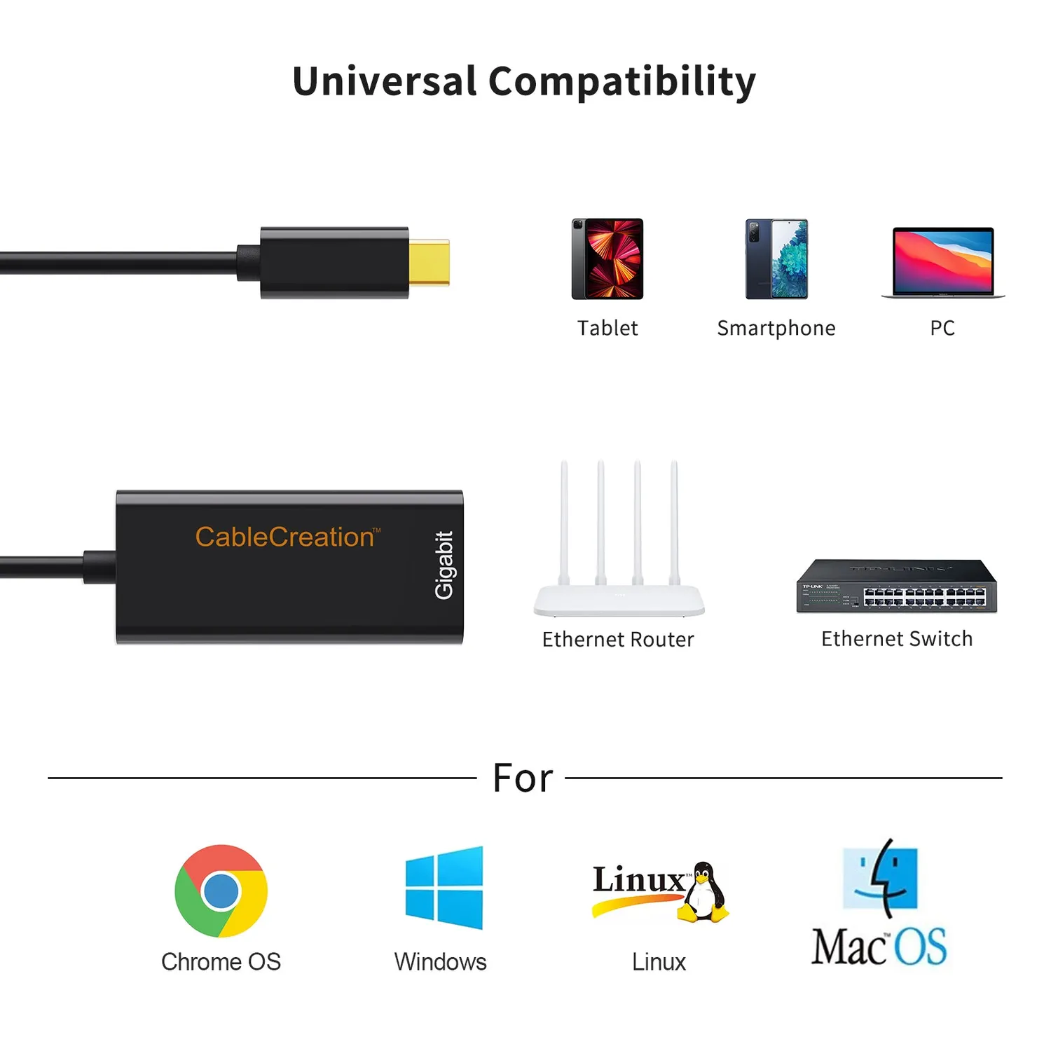 CableCreation USB-C naar ethernet adapter 1Gbps bekabeld
