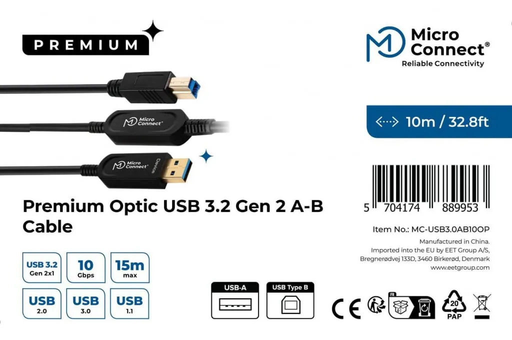 Microconnect Premium USB 3.2 A-B kabel 10m glasvezel