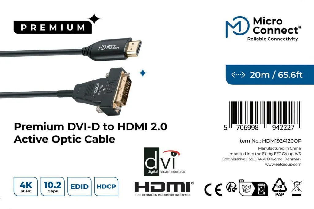 Microconnect Premium DVI-D-HDMI 2.0 glasvezelkabel 20m