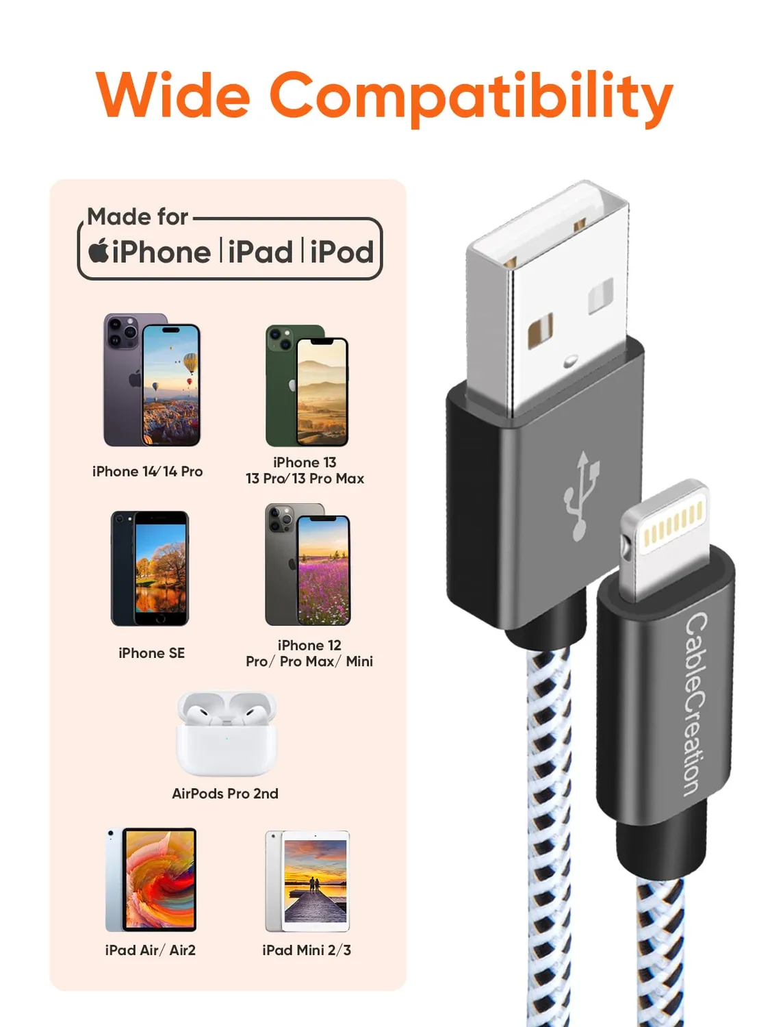 CableCreation Lightning naar USB-A kabel 0,15 m zwart
