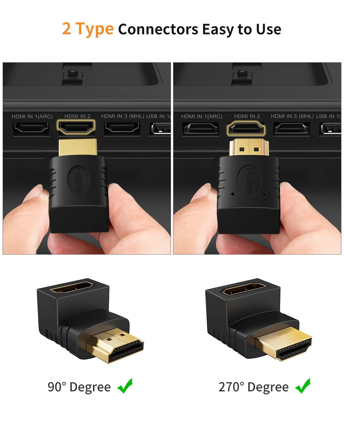 CableCreation HDMI haakse adapter 2-pack 90+270 graden 4K