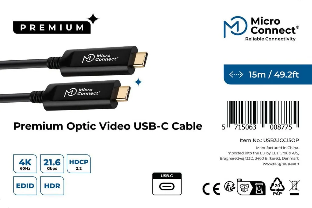 Microconnect Premium USB-C videokabel glasvezel 15m 4K
