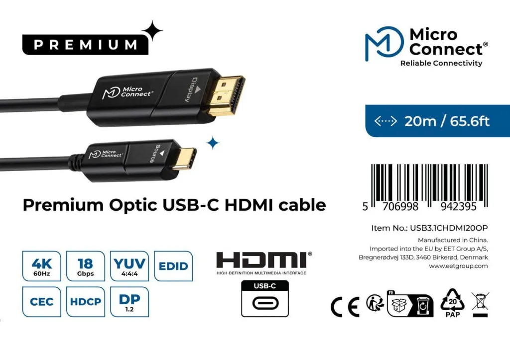 MicroConnect Premium USB-C HDMI kabel 20m fiber 4K