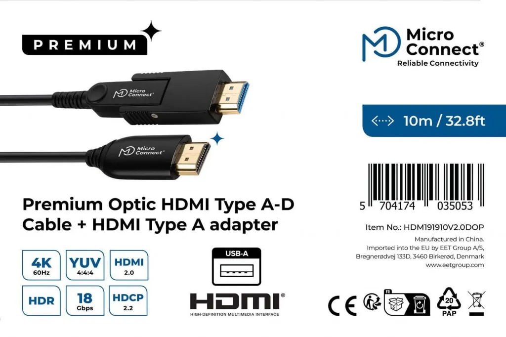 MicroConnect Premium HDMI glasvezelkabel 10m Micro-HDMI