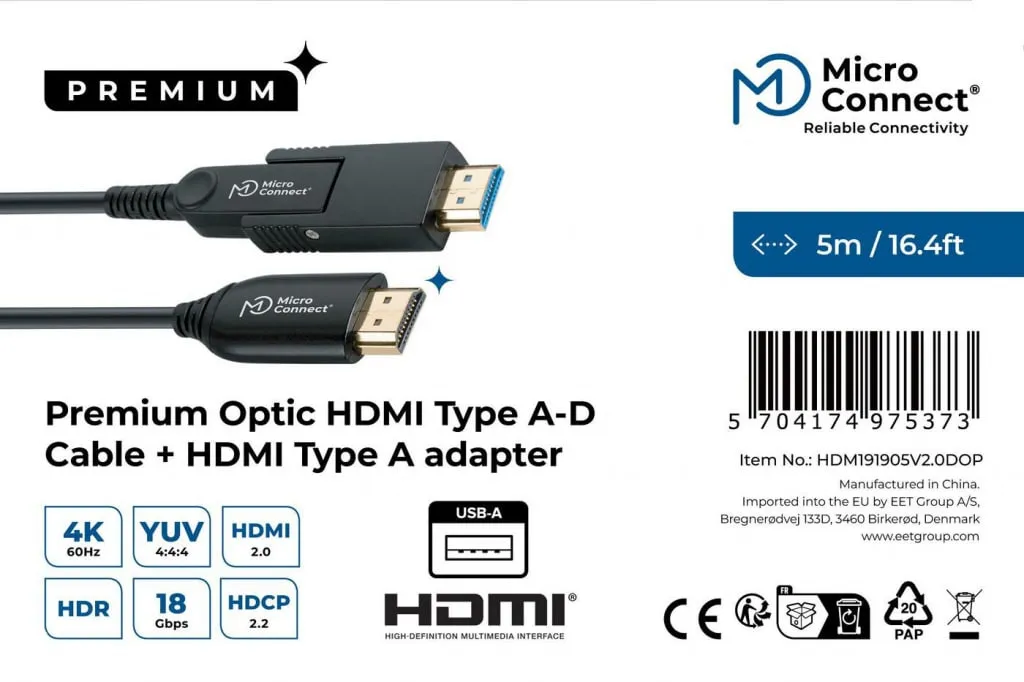 Microconnect Premium HDMI kabel A-D 5m glasvezel met adapter