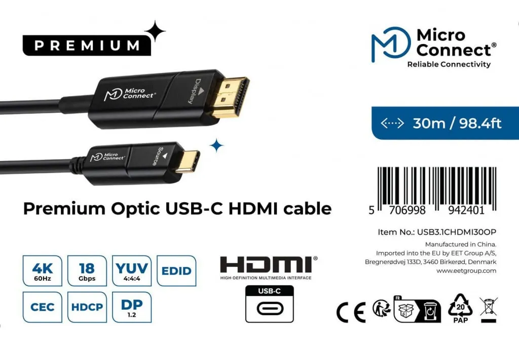 Microconnect Premium USB-C HDMI glasvezelkabel 30m 4K