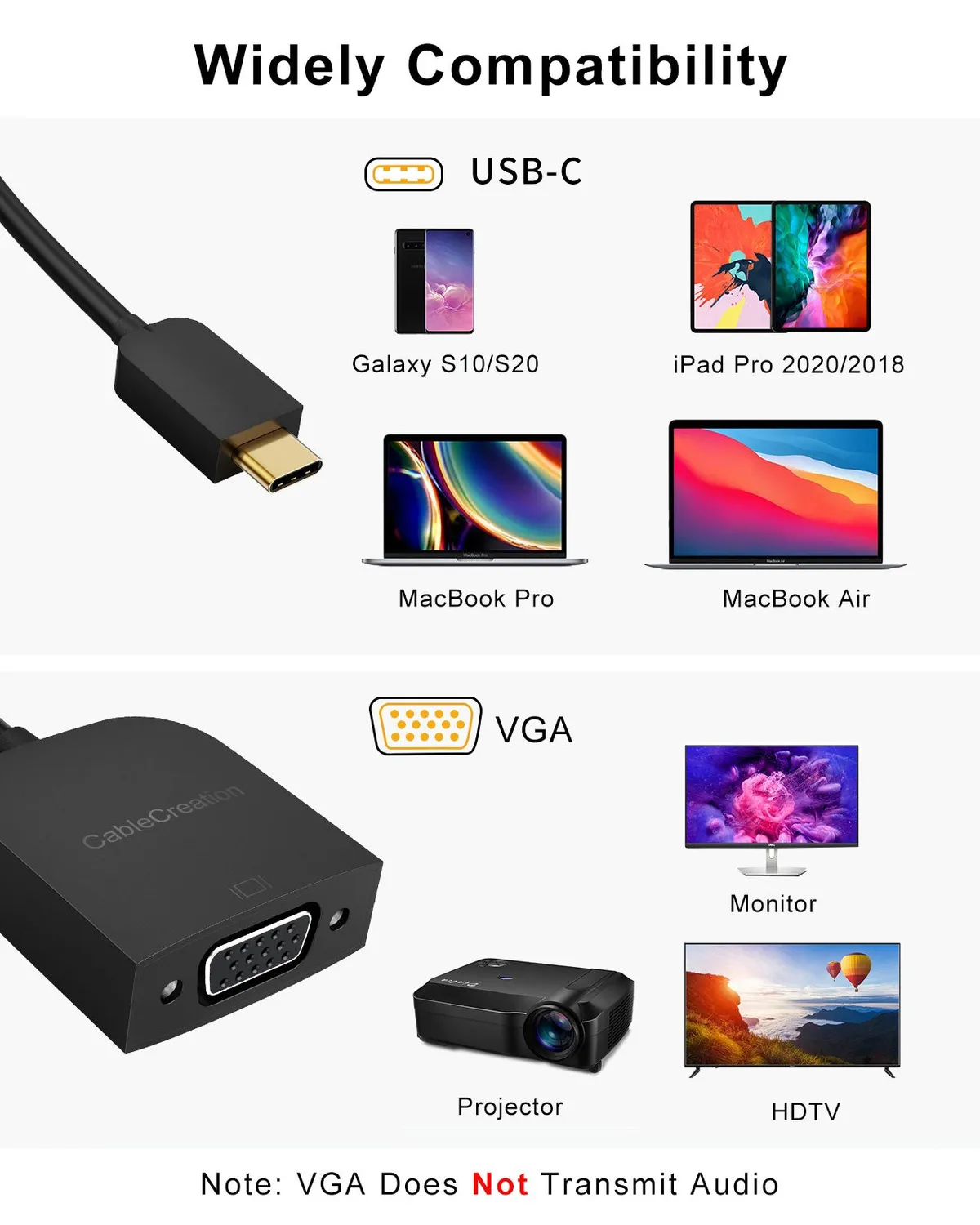 CableCreation USB-C naar VGA adapter 1080p 60Hz