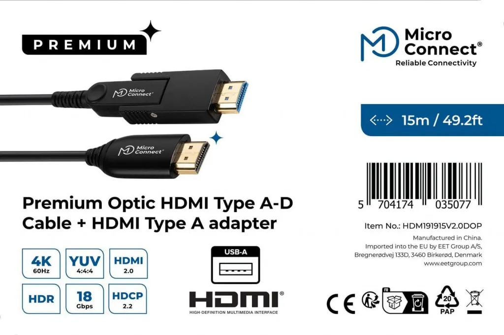 Microconnect Premium HDMI A-D glasvezelkabel 15m met adapter