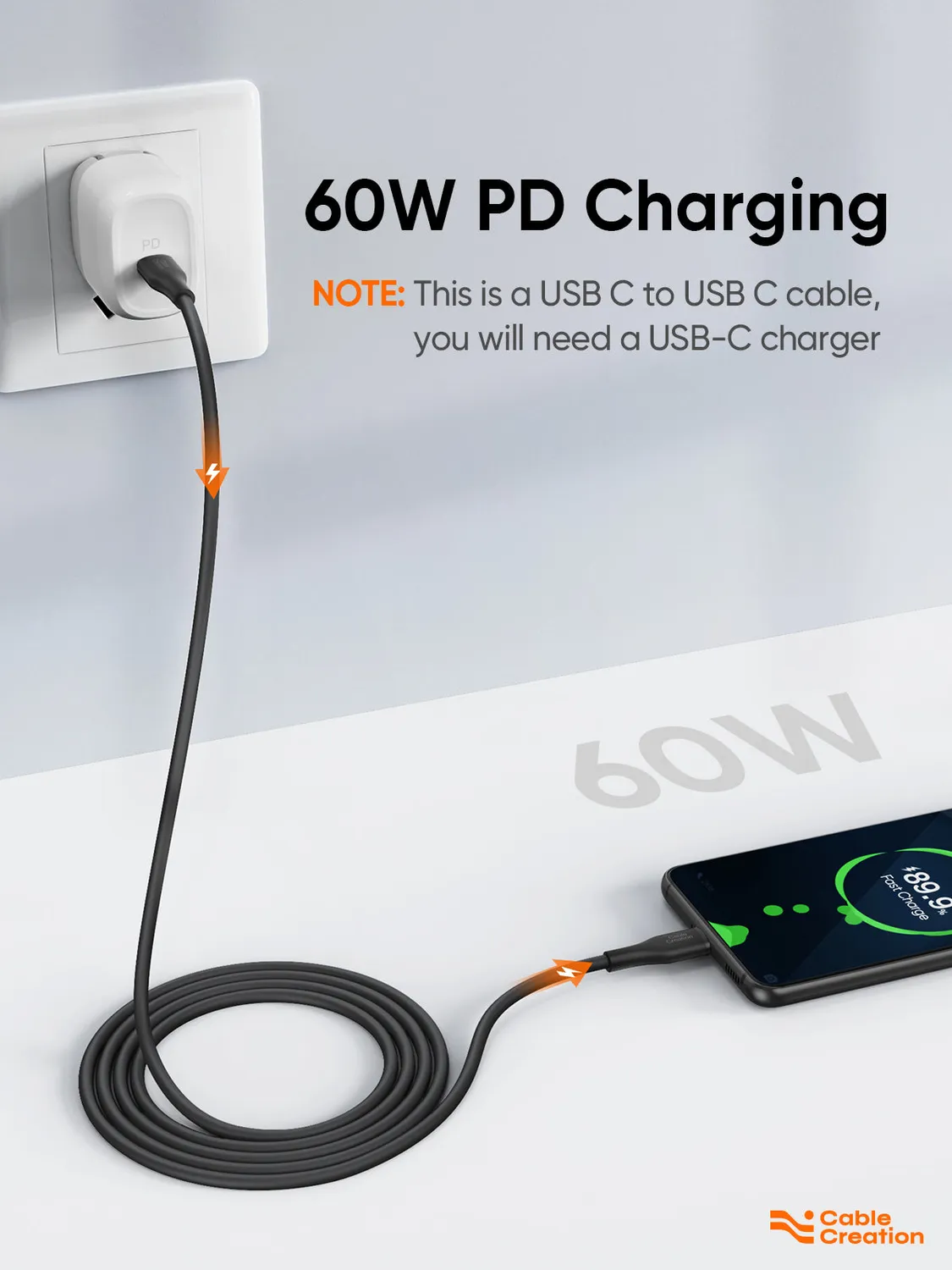 CableCreation USB-C naar USB-C kabel 1,8m 60W silicone