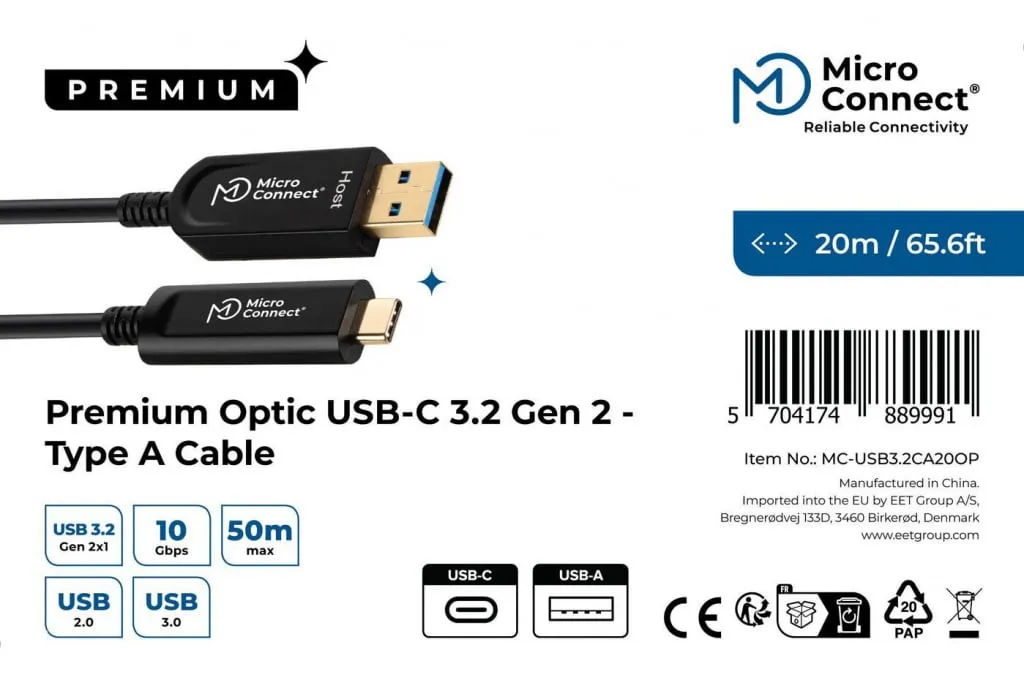 Microconnect Premium Optic Fiber USB-C naar USB-A kabel 20m