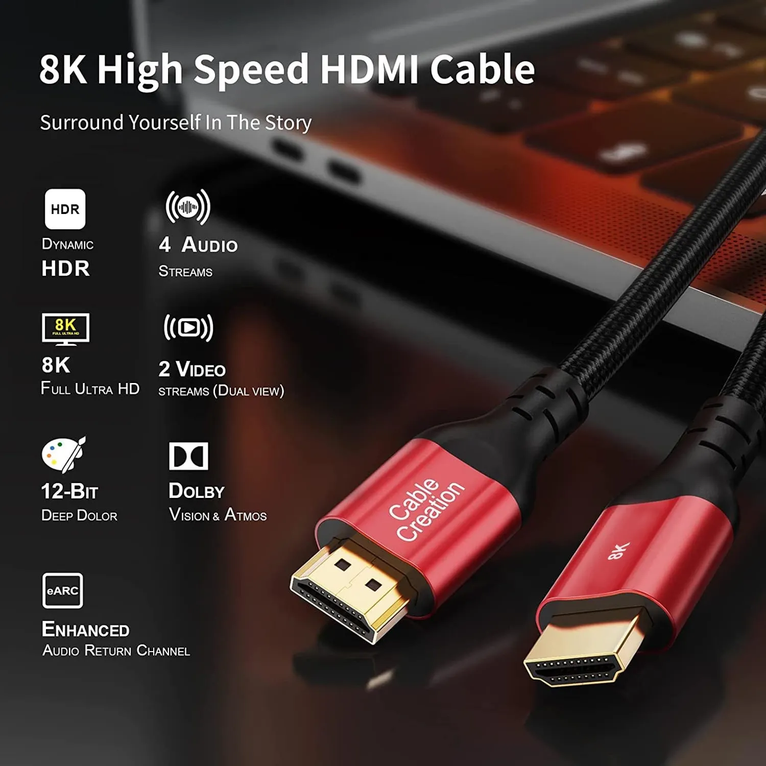 CableCreation HDMI kabel 8K 1 meter rood gevlochten