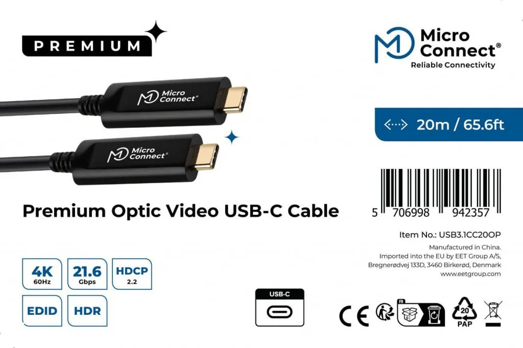 MicroConnect Premium USB-C glasvezelkabel 20m 4K video