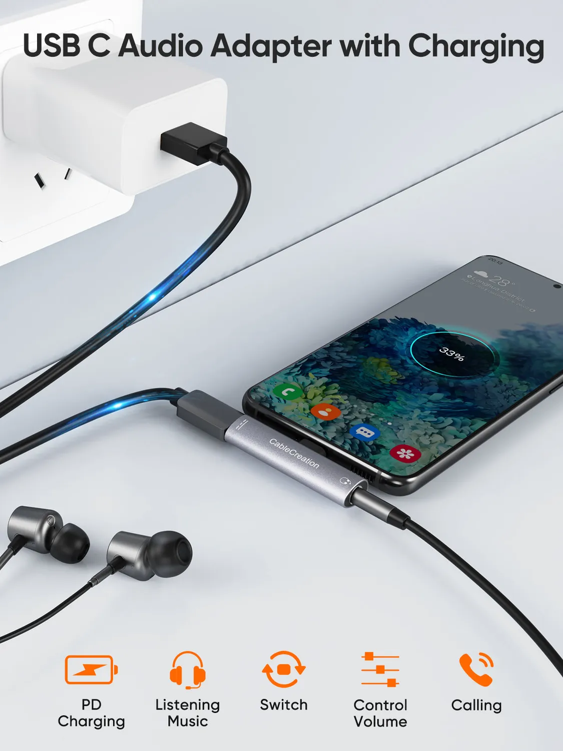 CableCreation USB-C naar 3,5mm audio adapter 2-in-1