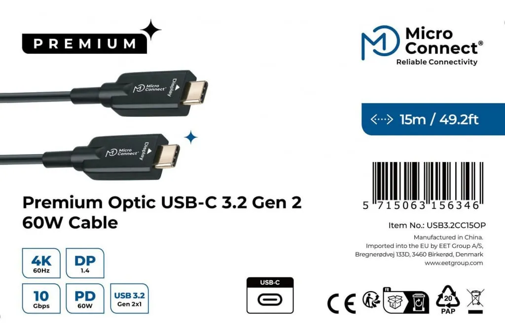 MicroConnect Premium USB-C kabel 15 m 100W 20Gbps