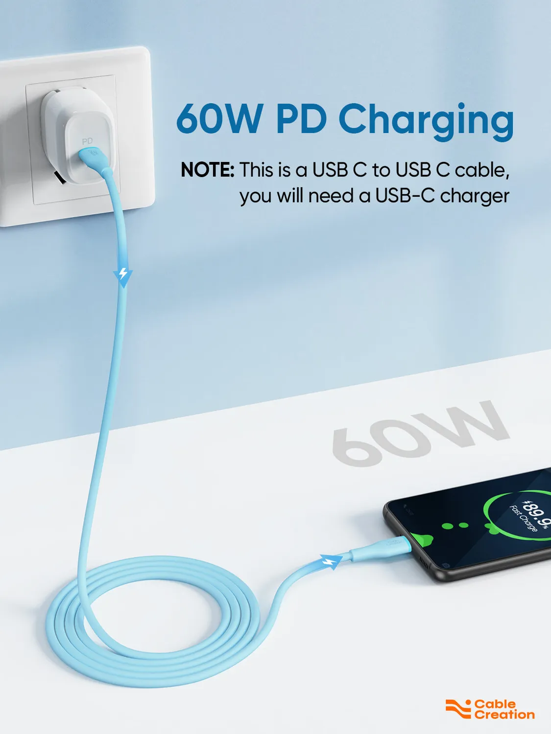CableCreation Soft Silicone USB-C naar USB-C kabel 2m 60W