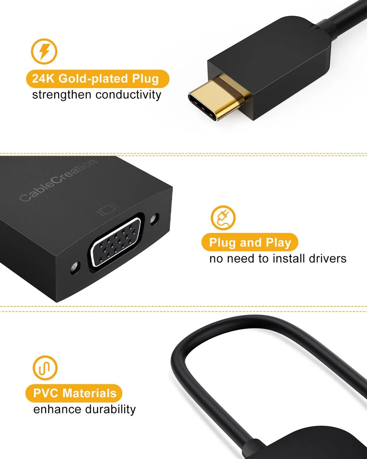 CableCreation USB-C naar VGA adapter 1080p 60Hz