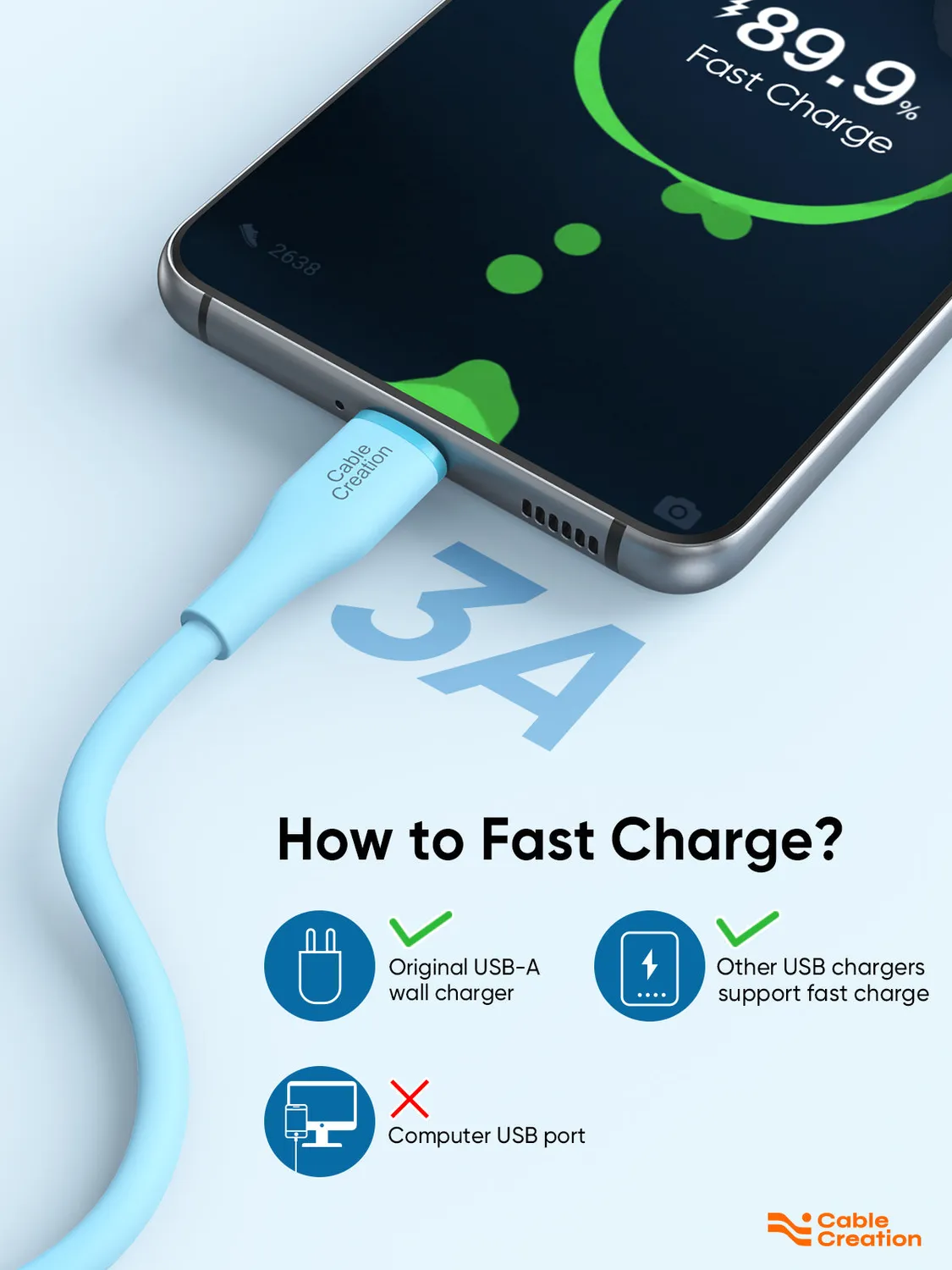 CableCreation Silicone USB-A USB-C oplaadkabel 6FT 60W