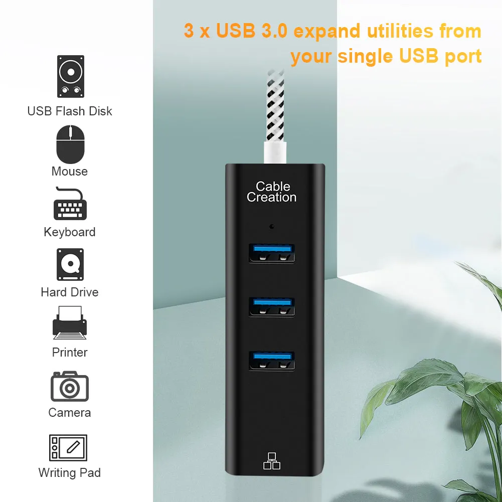 CableCreation 3-Poort USB 3.0 Hub Ethernet Adapter