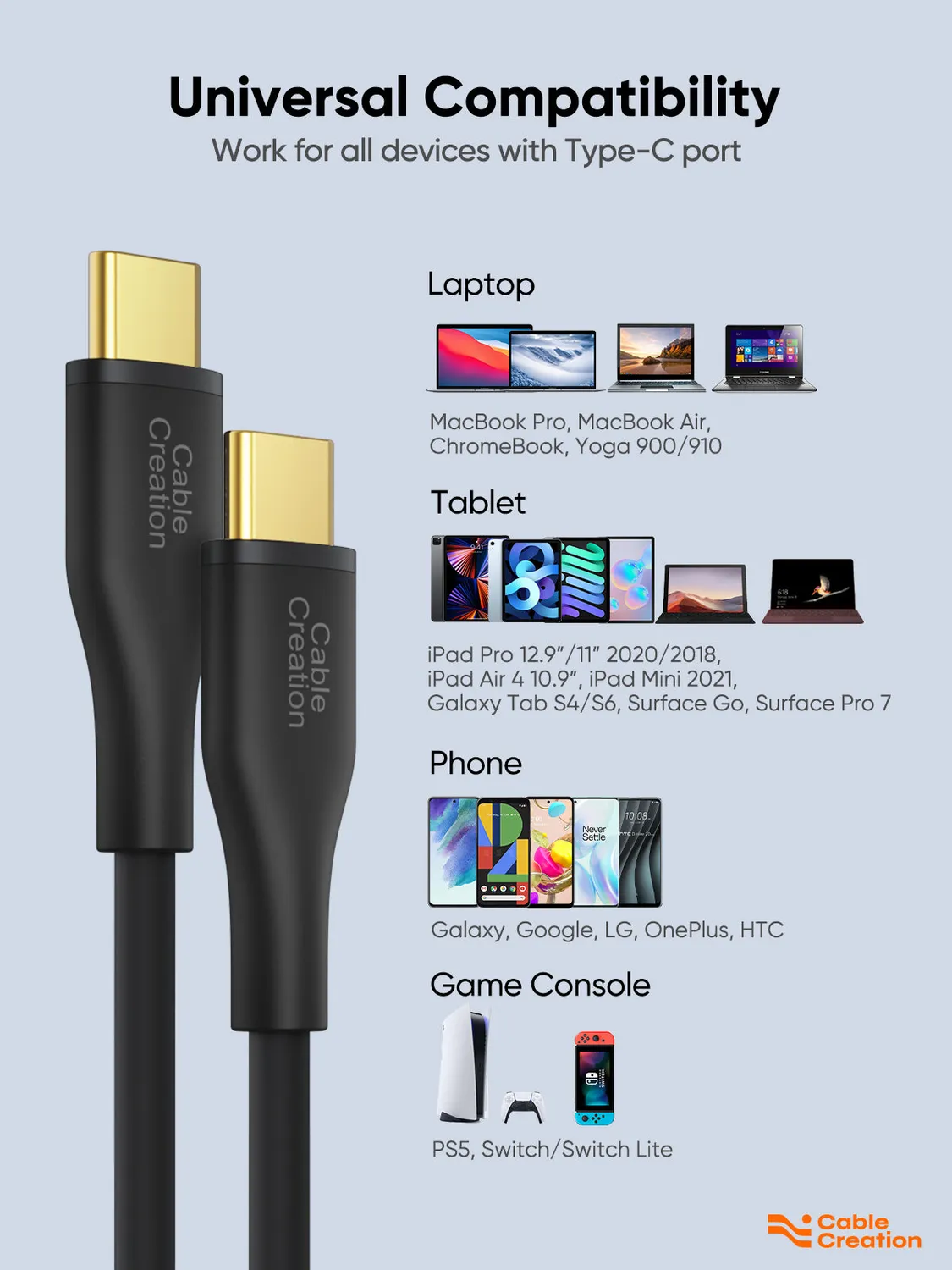 CableCreation USB-C naar USB-C kabel 1,8m 60W silicone