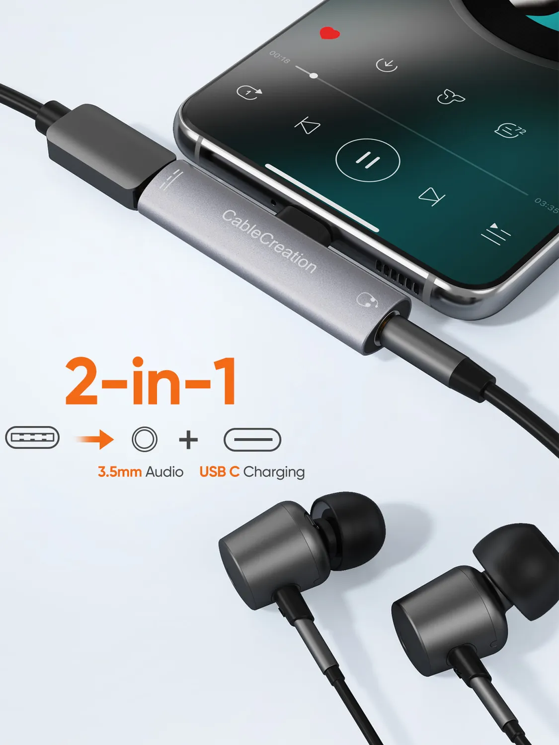 CableCreation USB-C naar 3,5mm audio adapter 2-in-1