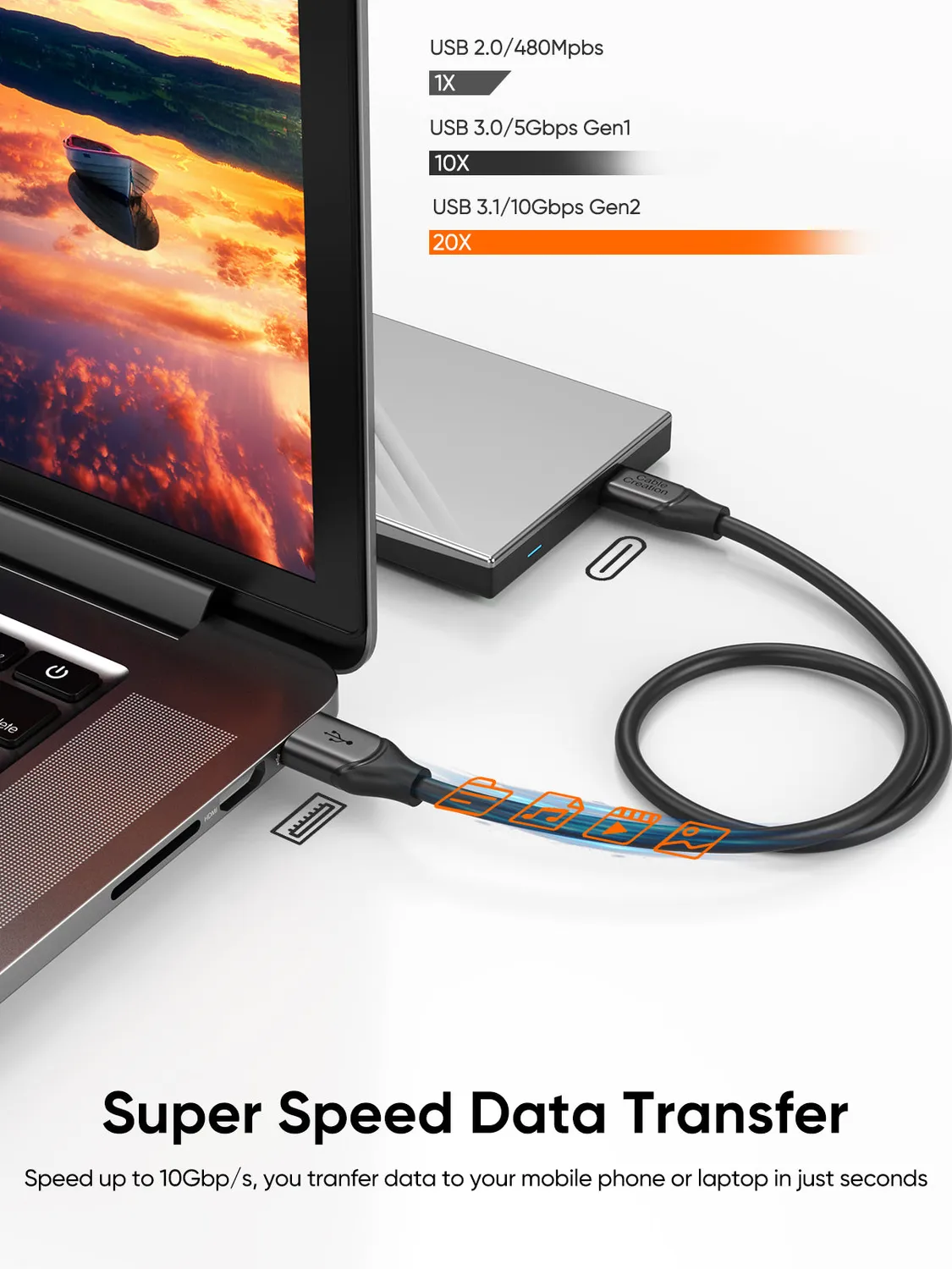 CableCreation USB A naar USB C kabel 0,5m 10Gbps 60W