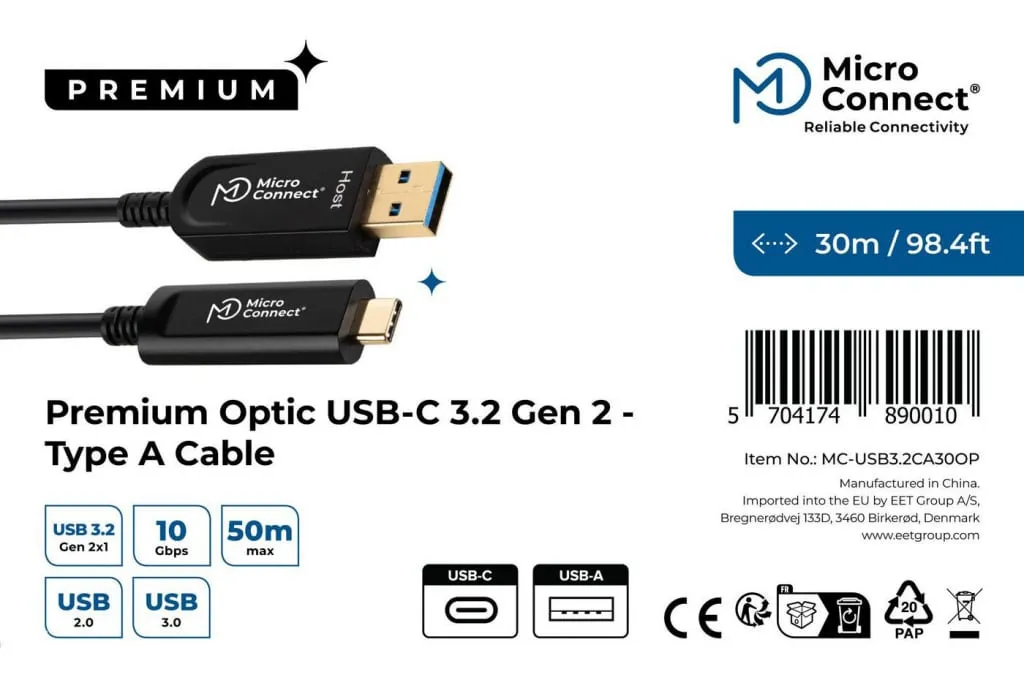 Microconnect Premium USB-C naar USB-A kabel 30m 10Gbps optisch